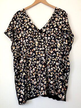 ADDITION ELLE Plus Size Black Cream Cheetah Leopard Animal Mixed Media Blouse 2X